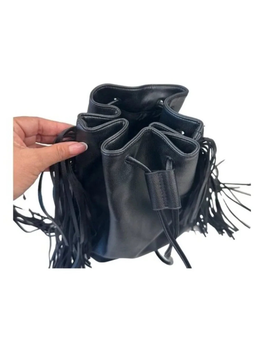 Victoria's Secret Backpack Solid Black Faux Suede Fringed Drawstring Bag Purse